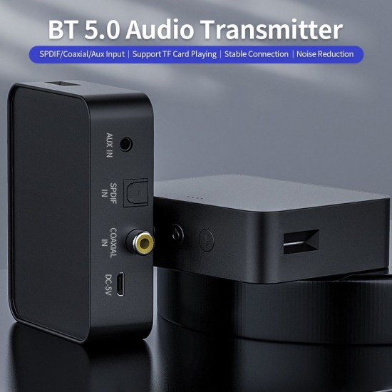 BT 5.0 Audio Transmitter with TF Card Slot SPDIF/Coaxial/Aux Ports for TV Desktop Game Console to BT Headset Speaker, Black BT 5.0 Audio Transmitter with TF Card Slot SPDIF/Coaxial/Aux Ports for TV Desktop Game Console to BT Headset Speaker, Black