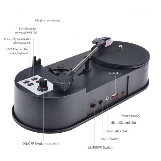 Direct-drive Vinyl to MP3 Converter Turntable to MP3 Adapter to U Disk/ Micro SD Card 3.5mm AUX Port 2 Adjustable Speeds, Black Direct-drive Vinyl to MP3 Converter Turntable to MP3 Adapter to U Disk/ Micro SD Card 3.5mm AUX Port 2 Adjustable Speeds, Black