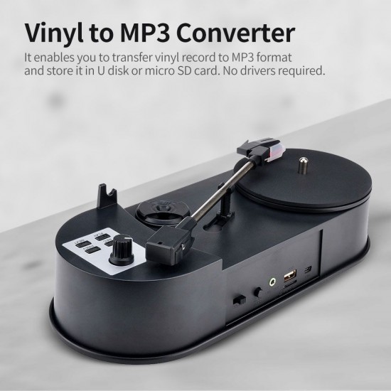 Direct-drive Vinyl to MP3 Converter Turntable to MP3 Adapter to U Disk/ Micro SD Card 3.5mm AUX Port 2 Adjustable Speeds, Black Direct-drive Vinyl to MP3 Converter Turntable to MP3 Adapter to U Disk/ Micro SD Card 3.5mm AUX Port 2 Adjustable Speeds, Black