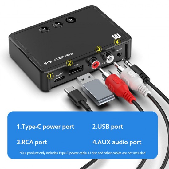 M10 BT5.0 Adapter Multifunctional BT Audio Receiver 15m Transmission Distance Support NFC Connection with USB RCA AUX Ports M10 BT5.0 Adapter Multifunctional BT Audio Receiver 15m Transmission Distance Support NFC Connection with USB RCA AUX Ports