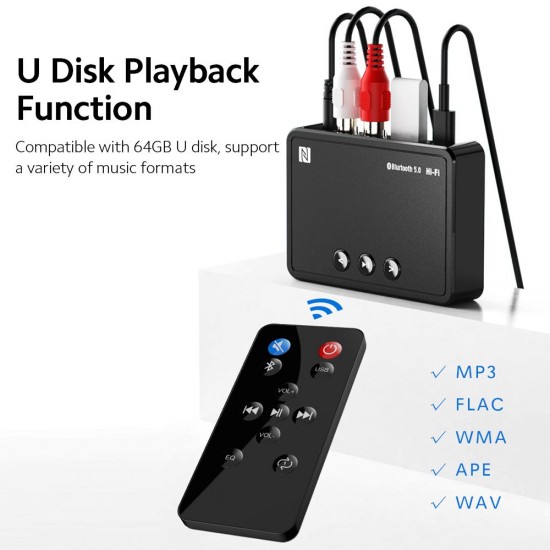 M10 BT5.0 Adapter Multifunctional BT Audio Receiver 15m Transmission Distance Support NFC Connection with USB RCA AUX Ports M10 BT5.0 Adapter Multifunctional BT Audio Receiver 15m Transmission Distance Support NFC Connection with USB RCA AUX Ports