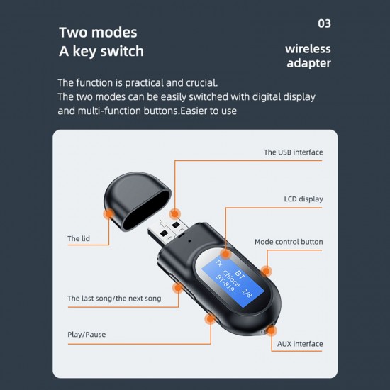 BT-17 USB Audio Transmitter Receiver BT5.0 Wireless Music Adapter LCD Display 3.5mm AUX Audio Adapter for TV Speaker Headphones Car Stereo BT-17 USB Audio Transmitter Receiver BT5.0 Wireless Music Adapter LCD Display 3.5mm AUX Audio Adapter for TV Speaker Headphones Car Stereo