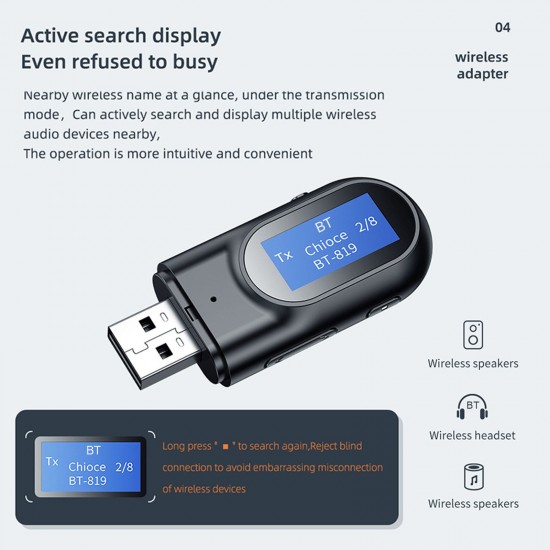 BT-17 USB Audio Transmitter Receiver BT5.0 Wireless Music Adapter LCD Display 3.5mm AUX Audio Adapter for TV Speaker Headphones Car Stereo BT-17 USB Audio Transmitter Receiver BT5.0 Wireless Music Adapter LCD Display 3.5mm AUX Audio Adapter for TV Speaker Headphones Car Stereo